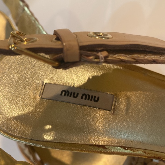 Miu Miu Gold Metallic Braided Leather Open Toe Slingback Sandals Size 37.5 EUC - Picture 5 of 15
